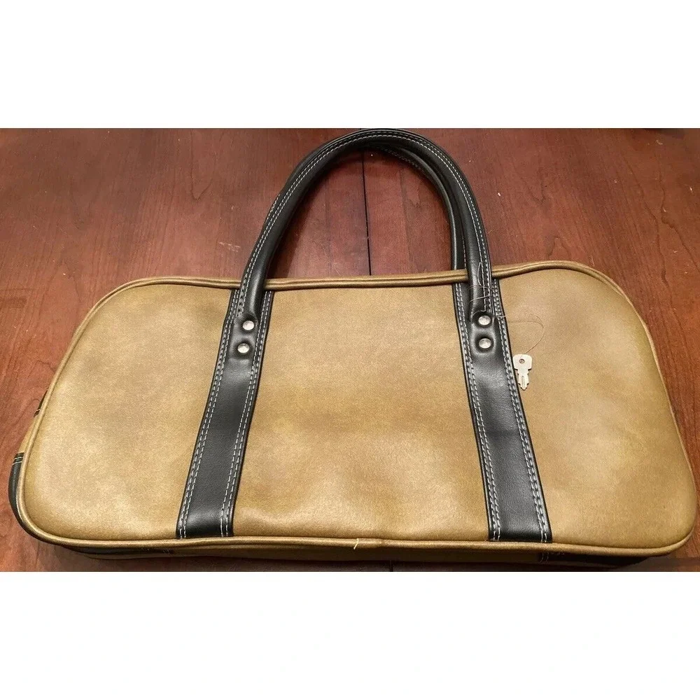 AIRWAY INDUSTRIES Vintage Black Brown Mod Vinyl Satchel‎ Hand Luggage Bag Key